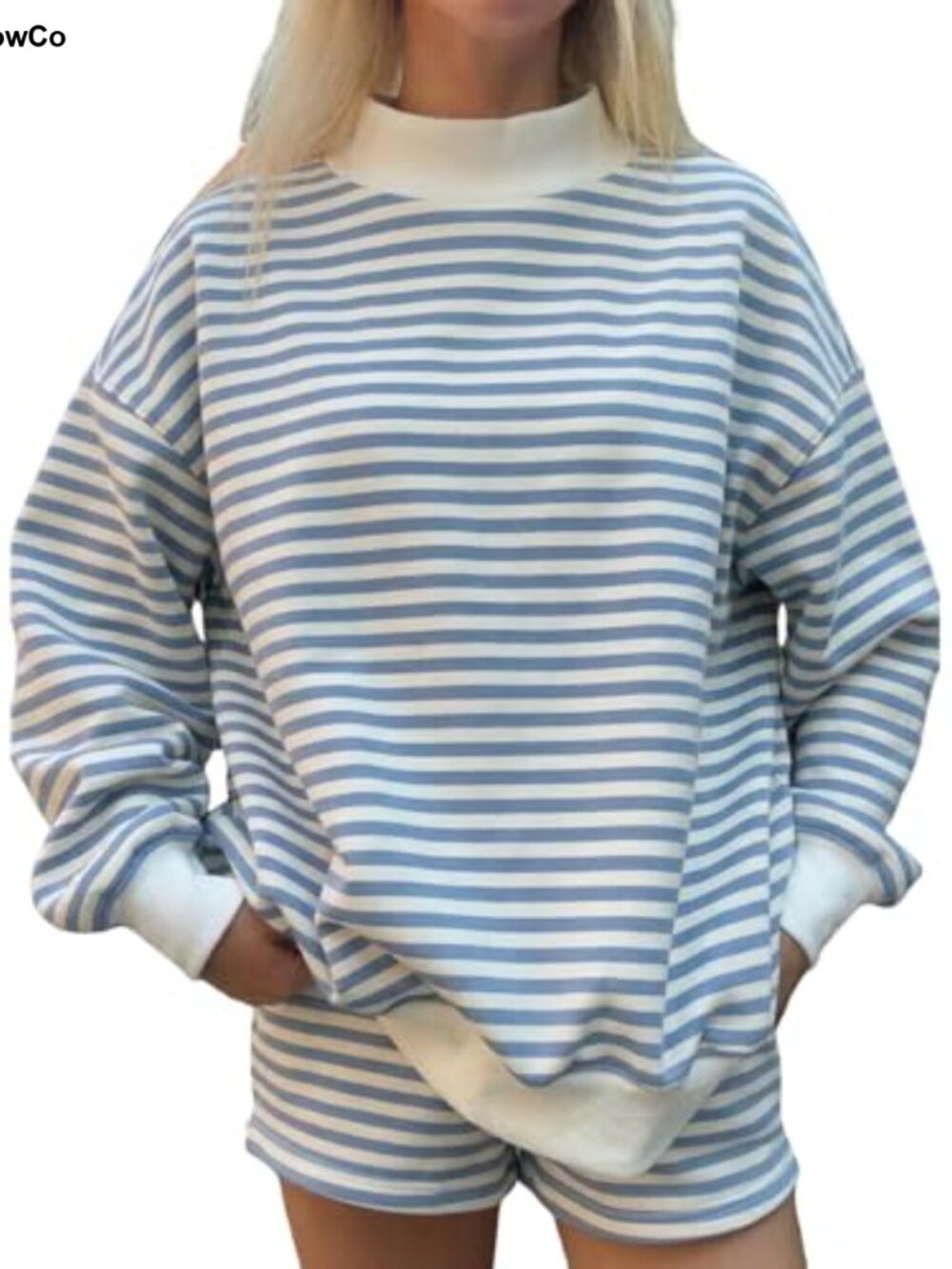 Women's Striped Lounge Set Mock Neck Sweatshirt Shorts 2 Piece Outfit